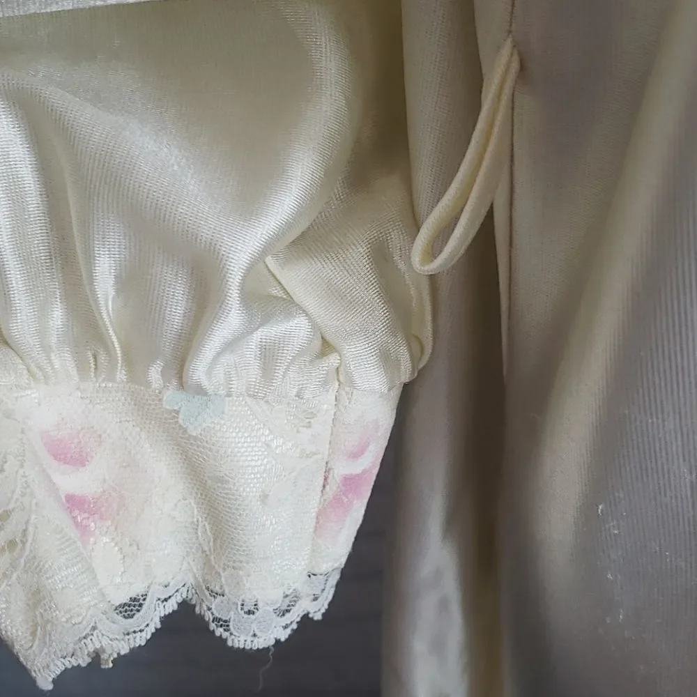 Vintage 70s Barad Cream Robe House Coat Bridal Robe Long Sleeve Long Length - Picture 7 of 13